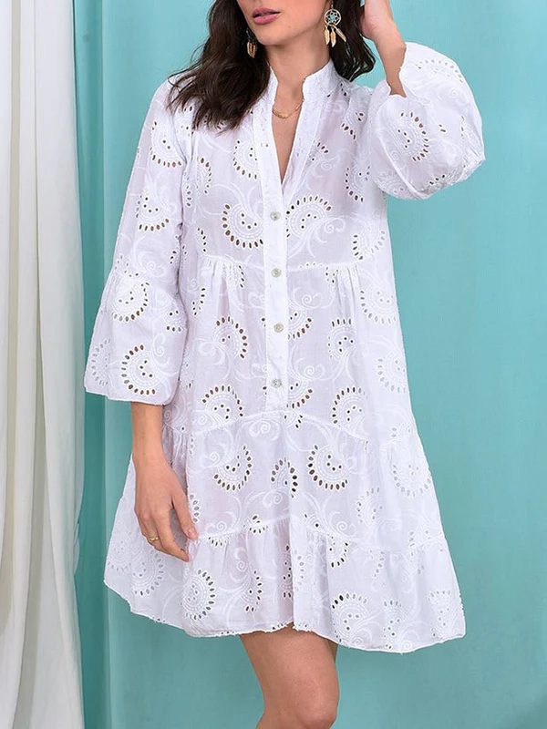 A-Line Flared Sleeves Buttoned Hollow Solid Color Split-Joint V-Neck Mini Dresses - Image 2