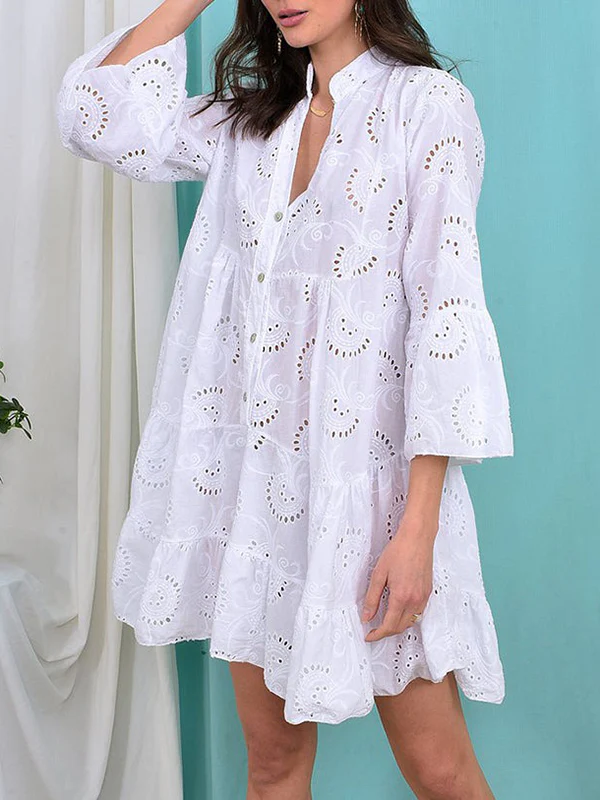 A-Line Flared Sleeves Buttoned Hollow Solid Color Split-Joint V-Neck Mini Dresses - Image 3