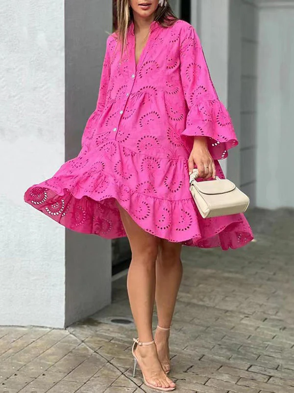 A-Line Flared Sleeves Buttoned Hollow Solid Color Split-Joint V-Neck Mini Dresses - Image 6