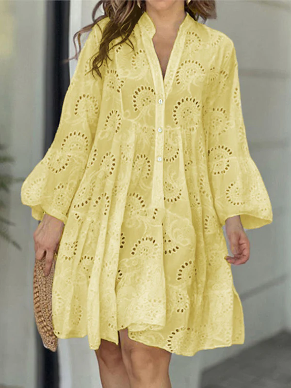 A-Line Flared Sleeves Buttoned Hollow Solid Color Split-Joint V-Neck Mini Dresses - Image 7