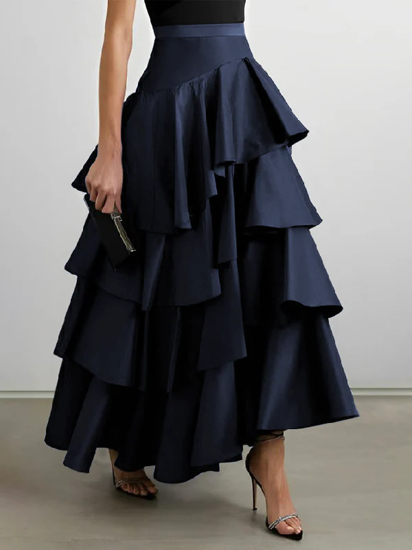A-Line High Waisted Falbala Solid Color Long Skirts Skirts Bottoms - Image 4