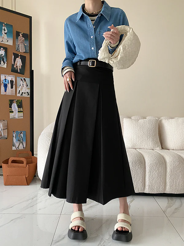 A-Line High Waisted Pleated Solid Color Split-Joint Skirts Bottoms - Image 10