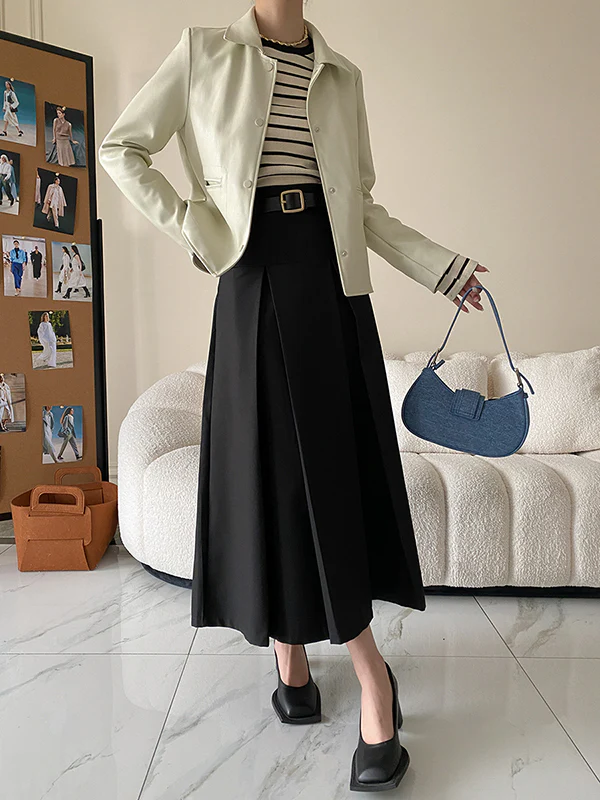 A-Line High Waisted Pleated Solid Color Split-Joint Skirts Bottoms - Image 12