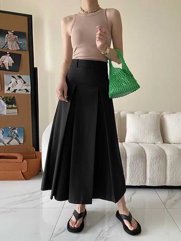 A-Line High Waisted Pleated Solid Color Split-Joint Skirts Bottoms - Image 13