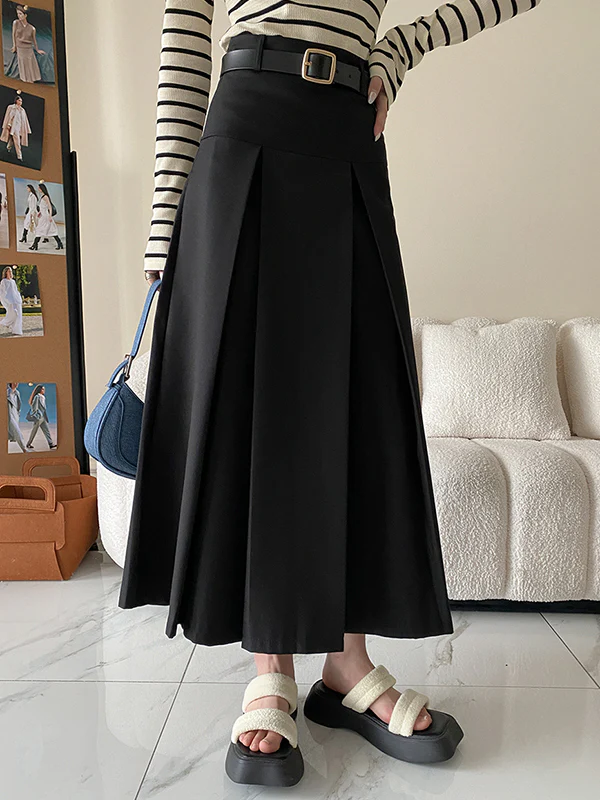 A-Line High Waisted Pleated Solid Color Split-Joint Skirts Bottoms - Image 2