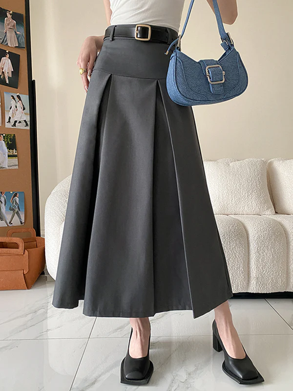 A-Line High Waisted Pleated Solid Color Split-Joint Skirts Bottoms - Image 3