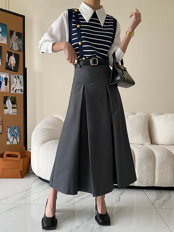 A-Line High Waisted Pleated Solid Color Split-Joint Skirts Bottoms - Image 5