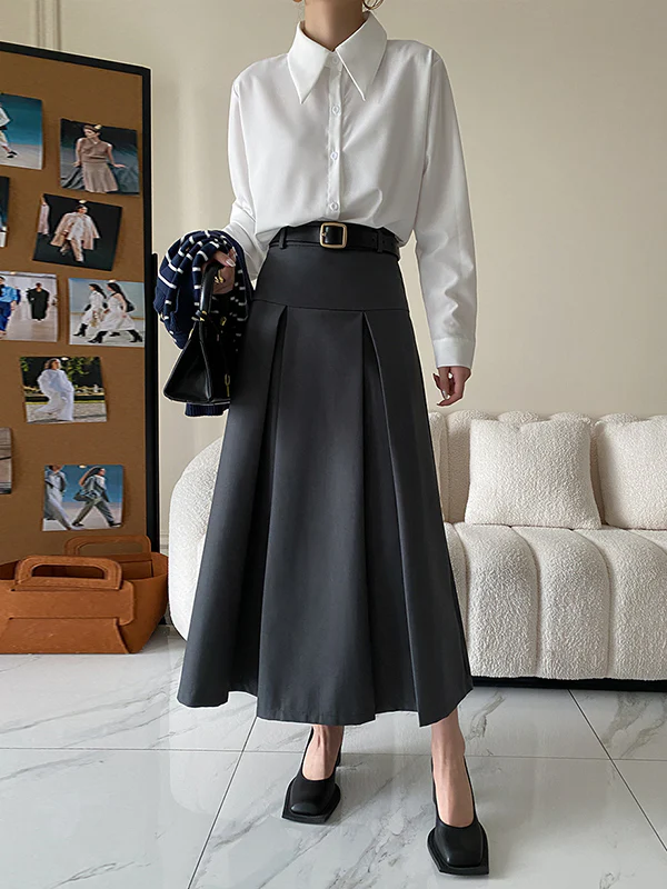 A-Line High Waisted Pleated Solid Color Split-Joint Skirts Bottoms - Image 6