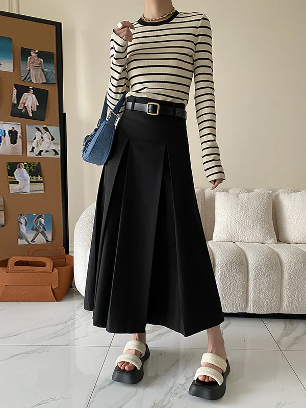 A-Line High Waisted Pleated Solid Color Split-Joint Skirts Bottoms - Image 7