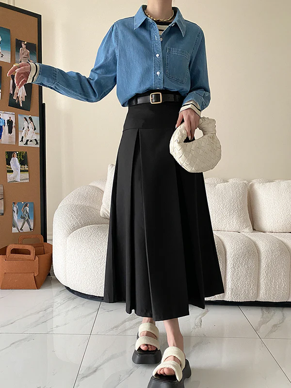 A-Line High Waisted Pleated Solid Color Split-Joint Skirts Bottoms - Image 9