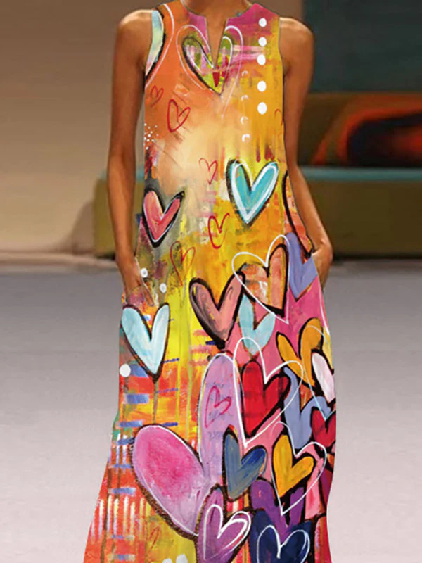A-Line Loose Heart Print Round-Neck Maxi Dresses - Image 2