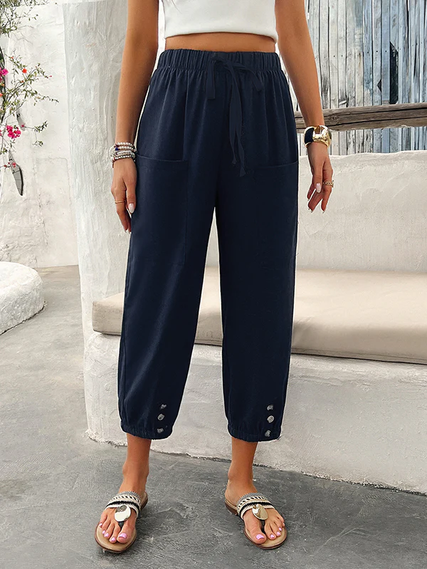 Loose Drawstring Elasticity Pleated Pockets Solid Color Ninth Pants Trousers - Image 2