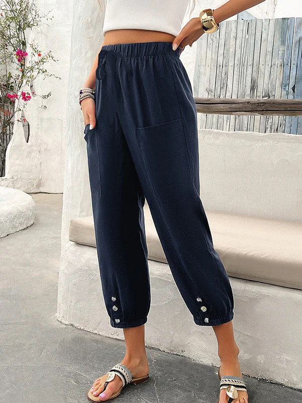 Loose Drawstring Elasticity Pleated Pockets Solid Color Ninth Pants Trousers - Image 4