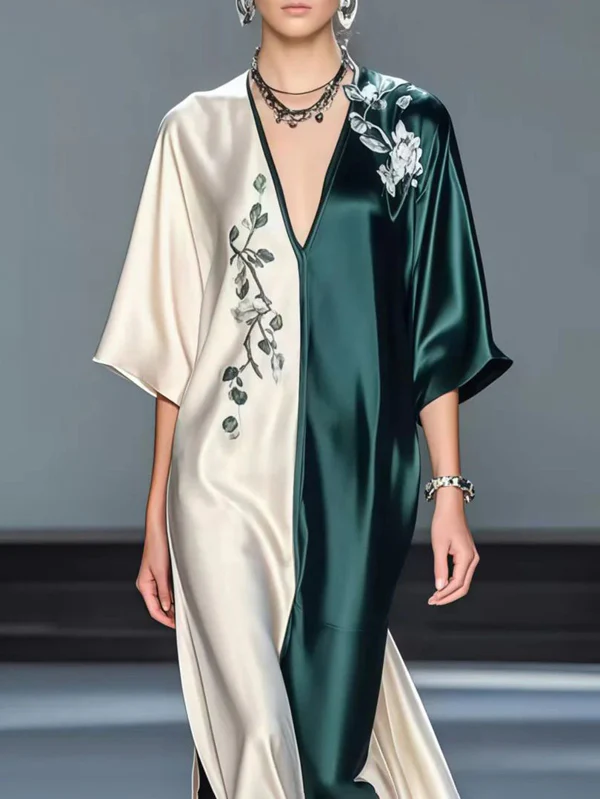 Half Sleeves Loose Contrast Color Flower Print V-Neck Maxi Dresses - Image 2