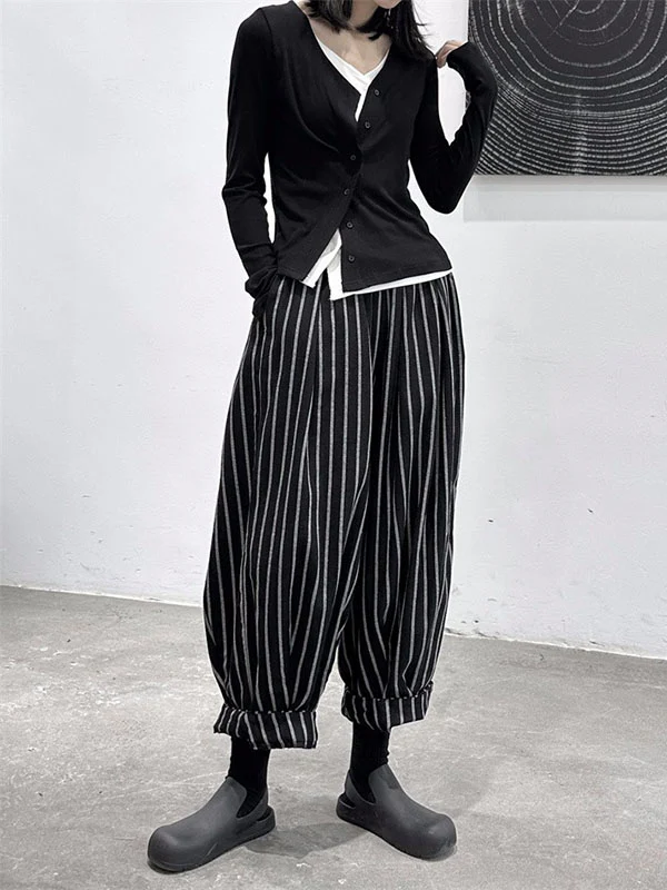Harem Pants Loose High-Waisted Split-Joint Striped Patterns Pants Trousers - Image 3