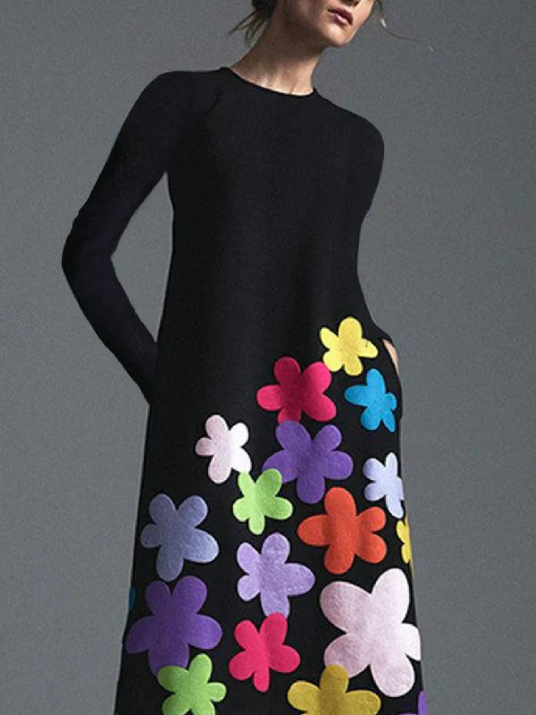 Long Sleeves Asymmetric Floral Round-Neck Maxi Dresses - Image 2