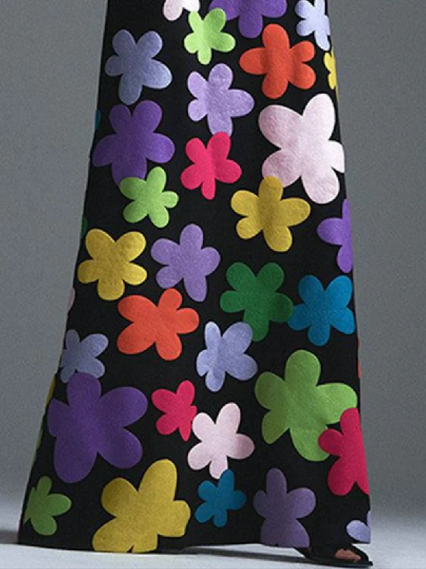 Long Sleeves Asymmetric Floral Round-Neck Maxi Dresses - Image 3
