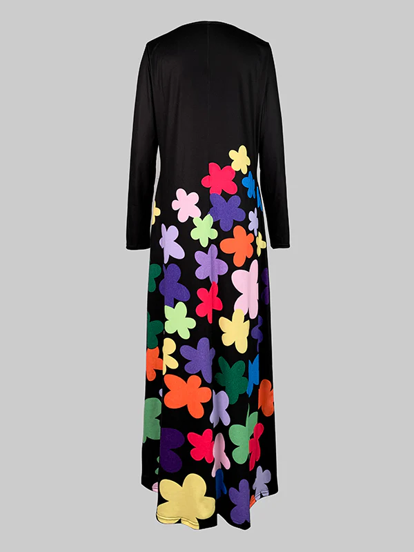 Long Sleeves Asymmetric Floral Round-Neck Maxi Dresses - Image 5