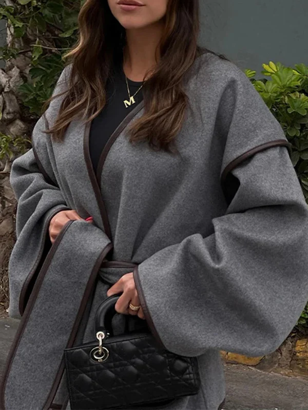 Long Sleeves Loose Pockets Solid Color Split-Joint Tied Waist V-neck Woolen Coat - Image 5