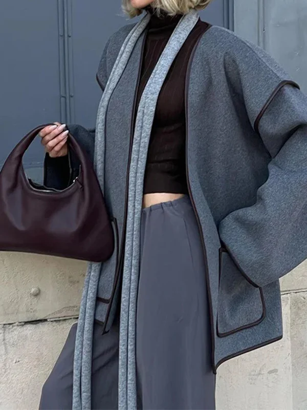 Long Sleeves Loose Pockets Solid Color Split-Joint Tied Waist V-neck Woolen Coat - Image 6