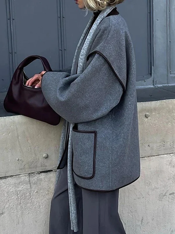 Long Sleeves Loose Pockets Solid Color Split-Joint Tied Waist V-neck Woolen Coat - Image 7