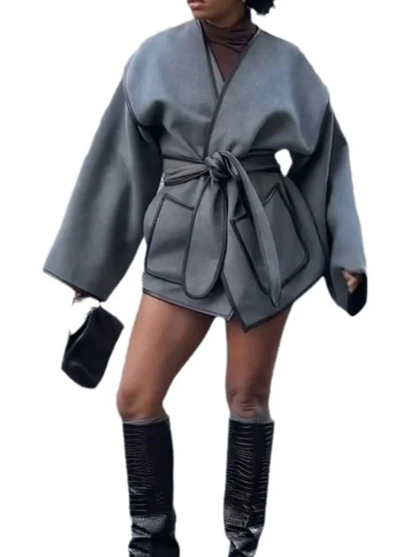 Long Sleeves Loose Pockets Solid Color Split-Joint Tied Waist V-neck Woolen Coat - Image 9