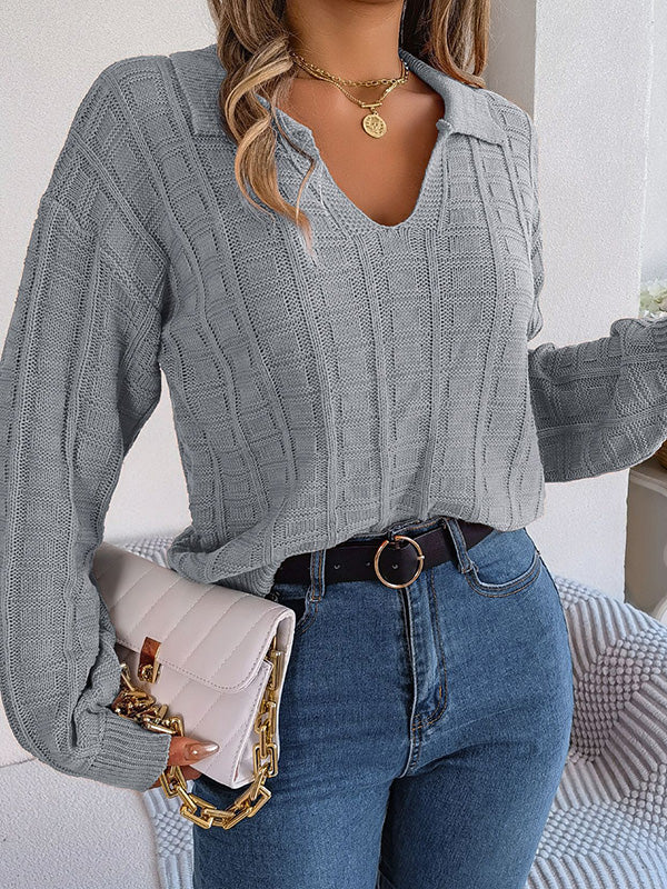 Long Sleeves Loose Solid Color Lapel Pullovers Sweater Tops - Image 3