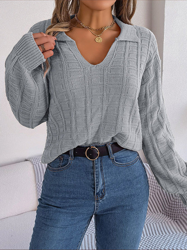Long Sleeves Loose Solid Color Lapel Pullovers Sweater Tops - Image 5