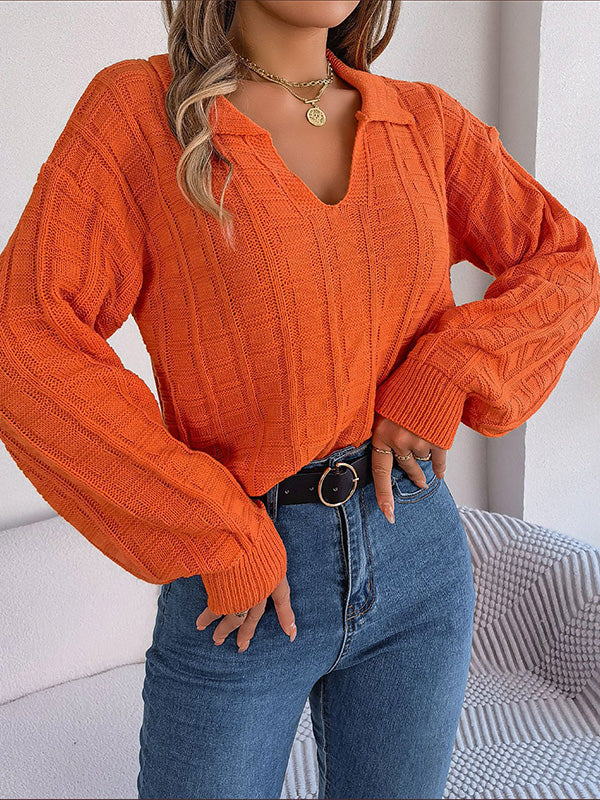 Long Sleeves Loose Solid Color Lapel Pullovers Sweater Tops - Image 6