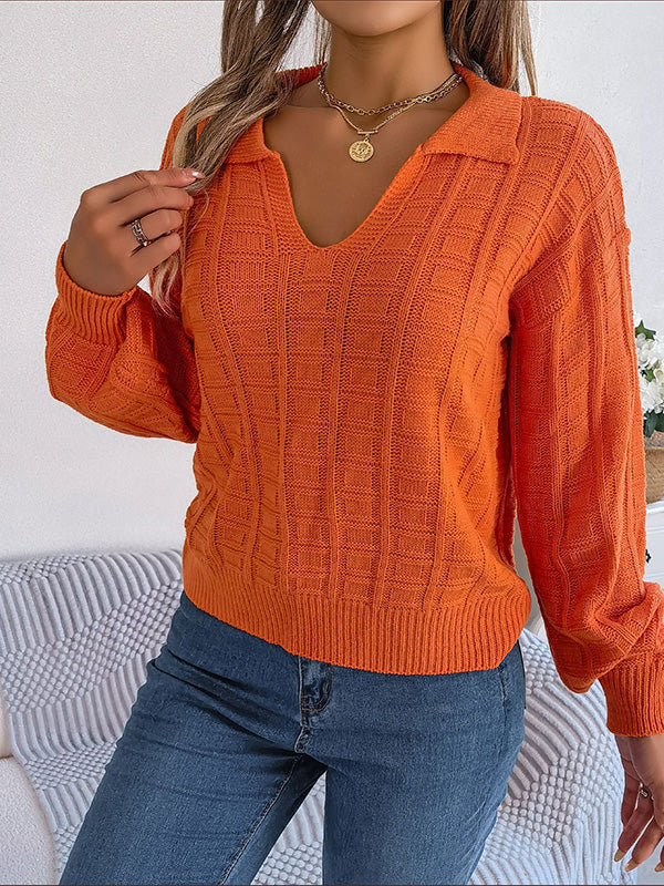 Long Sleeves Loose Solid Color Lapel Pullovers Sweater Tops - Image 7