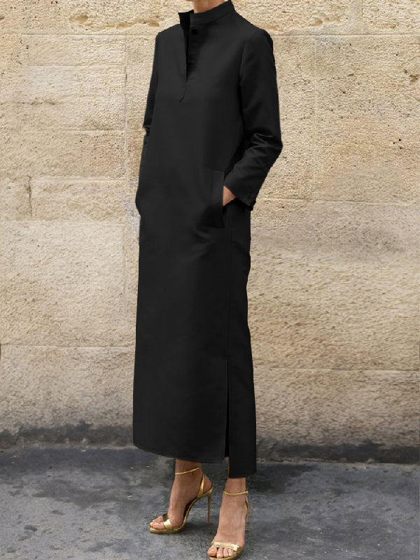 Long Sleeves Loose Solid Color Split-Side Stand Collar Midi Dresses - Image 3