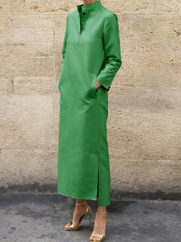 Long Sleeves Loose Solid Color Split-Side Stand Collar Midi Dresses - Image 4