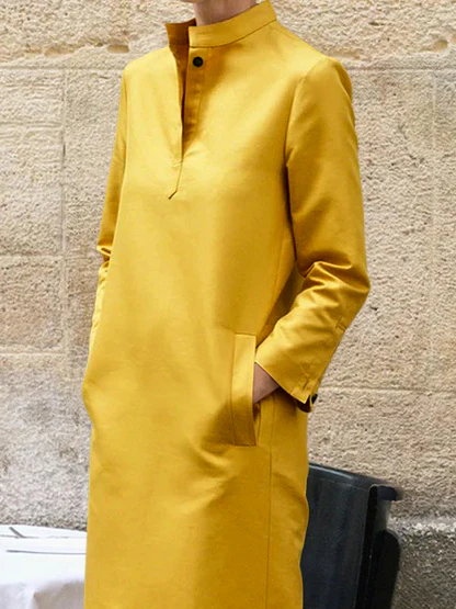 Long Sleeves Loose Solid Color Split-Side Stand Collar Midi Dresses - Image 5