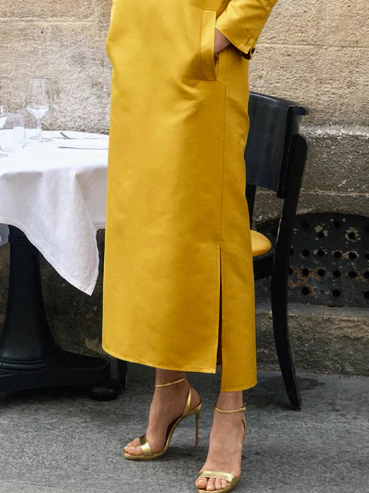Long Sleeves Loose Solid Color Split-Side Stand Collar Midi Dresses - Image 6