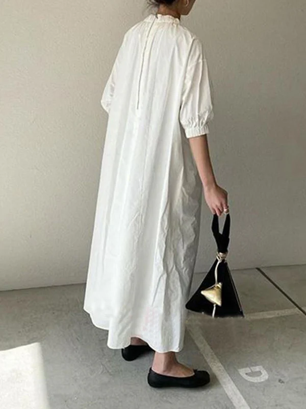 Loose Puff Sleeves Pleated Split-Joint Zipper Stand Collar Maxi Dresses Shirt Dress - Image 2