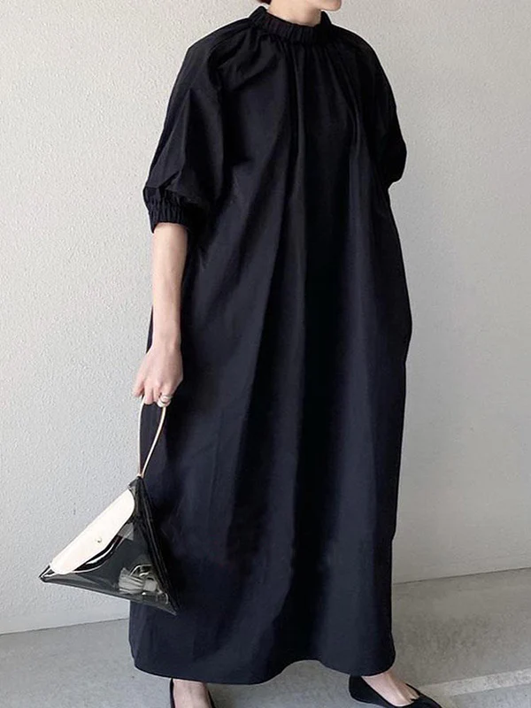 Loose Puff Sleeves Pleated Split-Joint Zipper Stand Collar Maxi Dresses Shirt Dress - Image 3