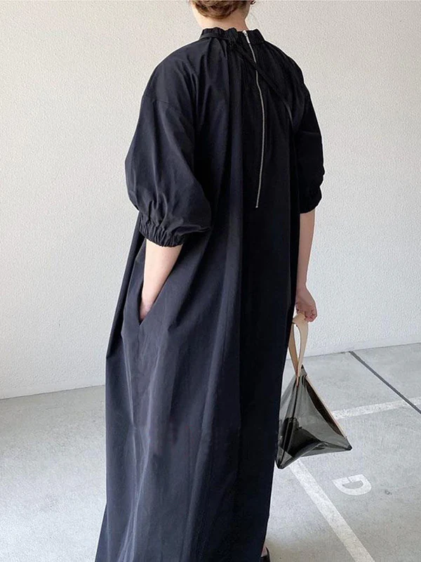 Loose Puff Sleeves Pleated Split-Joint Zipper Stand Collar Maxi Dresses Shirt Dress - Image 4