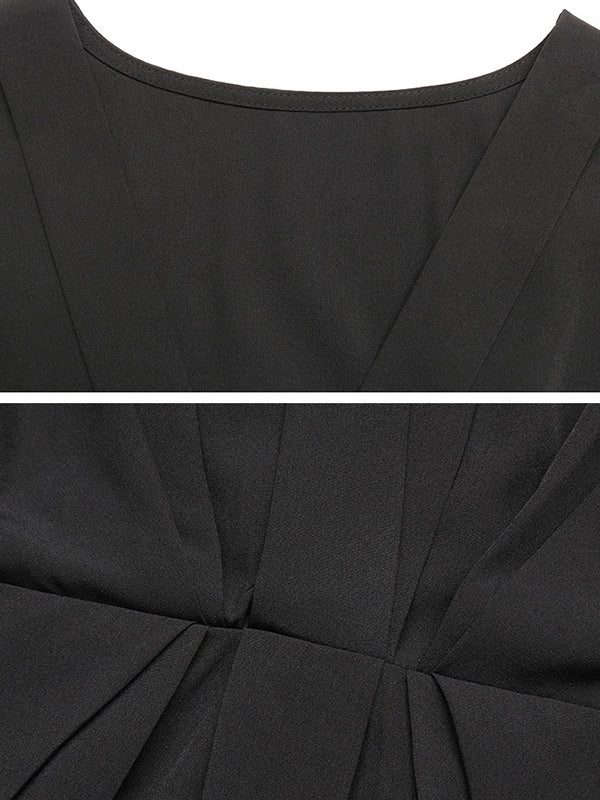 Loose Raglan Sleeve Elasticity Pleated Solid Color Split-Joint V-Neck Mini Dresses - Image 6