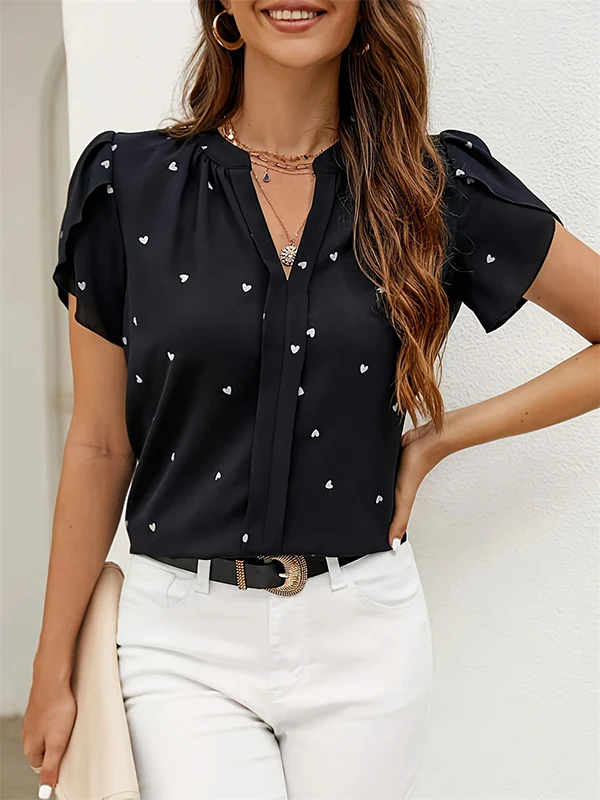 Loose Short Sleeves Pleated Polka-Dot V-Neck Blouses&Shirts Tops - Image 3