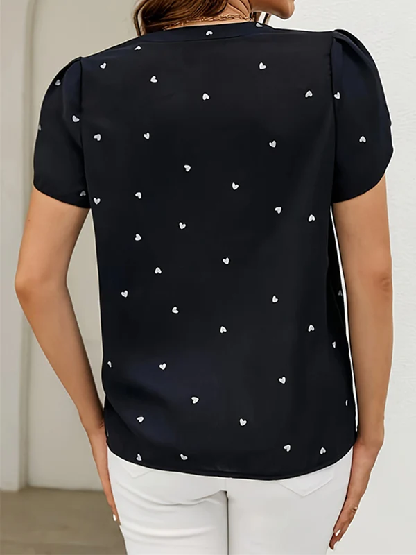 Loose Short Sleeves Pleated Polka-Dot V-Neck Blouses&Shirts Tops - Image 4
