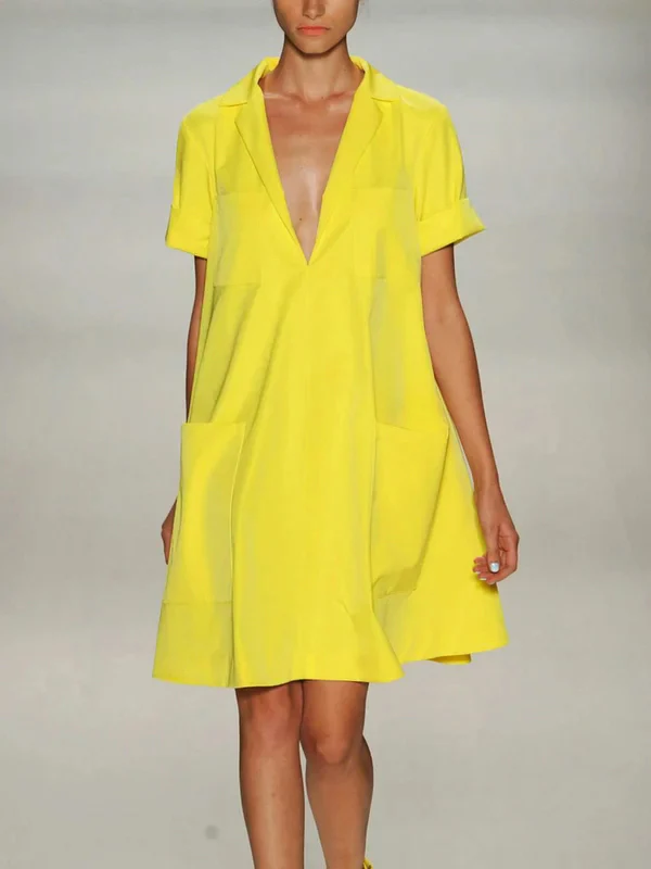 Loose Short Sleeves Pockets Solid Color Notched Collar Mini Dresses - Image 3