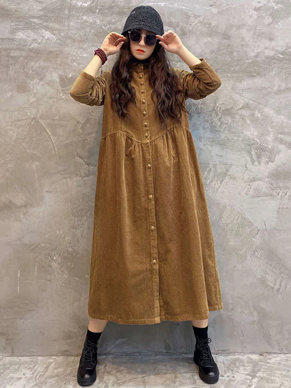 Original Solid Corduroy Lapel Dress - Image 7