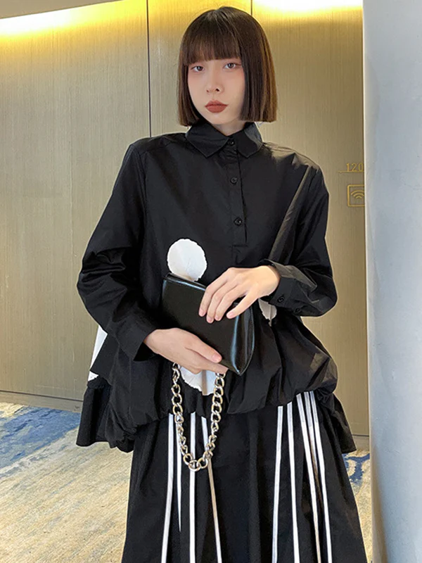 Simple High-Low Black White Polk Dot Printed Blouse - Image 2