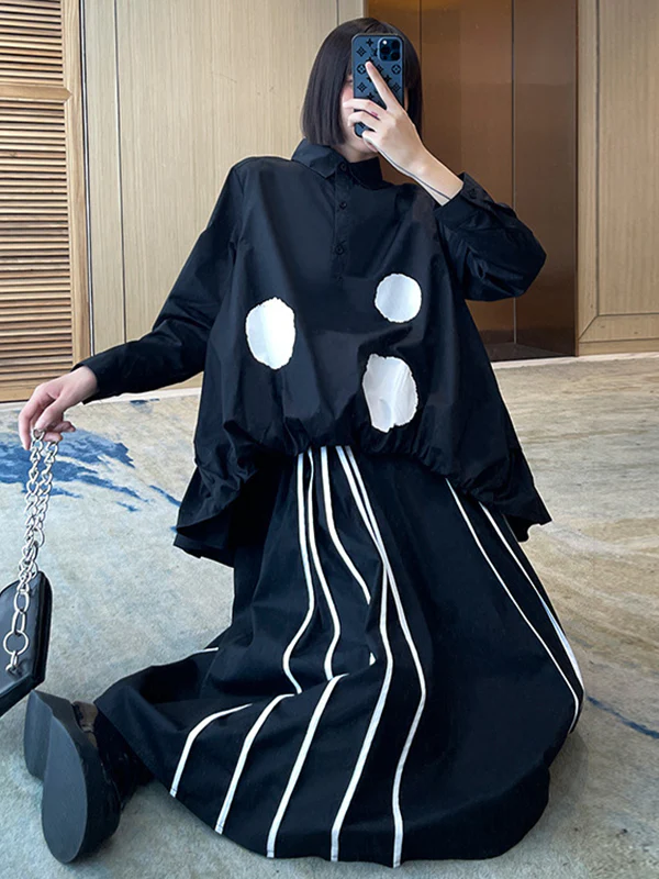 Simple High-Low Black White Polk Dot Printed Blouse - Image 4