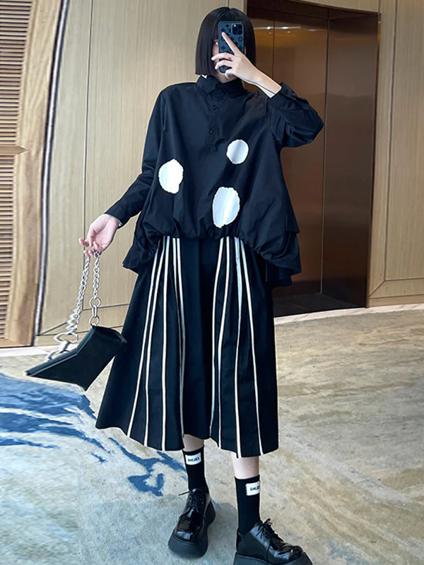 Simple High-Low Black White Polk Dot Printed Blouse - Image 6