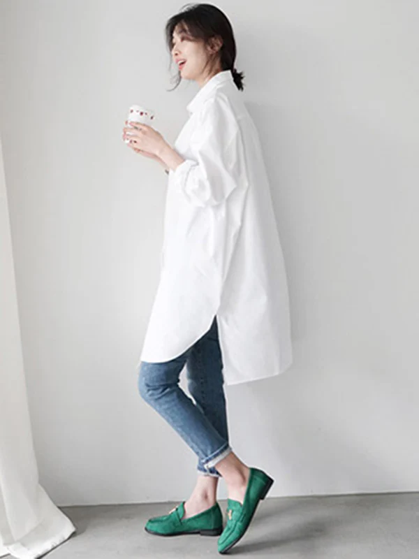 Urban Loose Solid Color Striped Lapel Blouse Top - Image 10