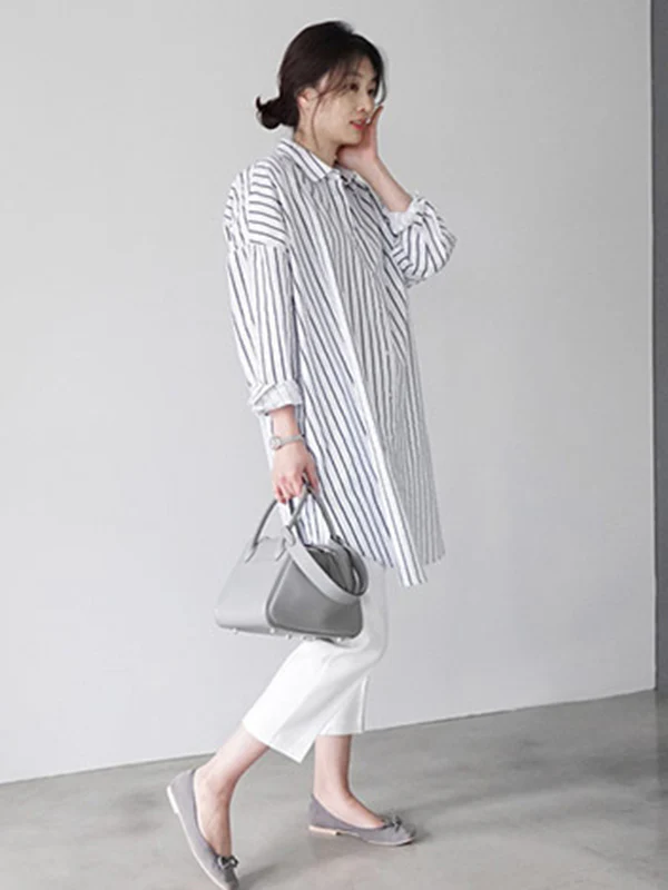 Urban Loose Solid Color Striped Lapel Blouse Top - Image 11