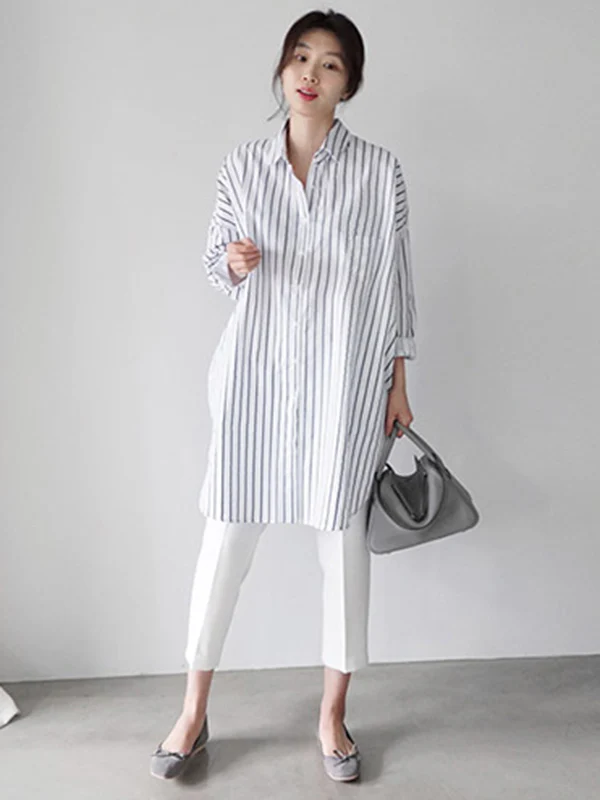 Urban Loose Solid Color Striped Lapel Blouse Top - Image 12