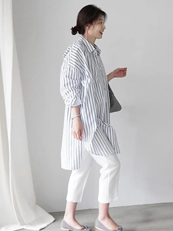 Urban Loose Solid Color Striped Lapel Blouse Top - Image 13