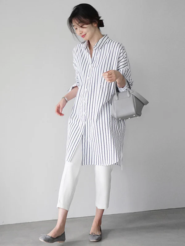 Urban Loose Solid Color Striped Lapel Blouse Top - Image 14